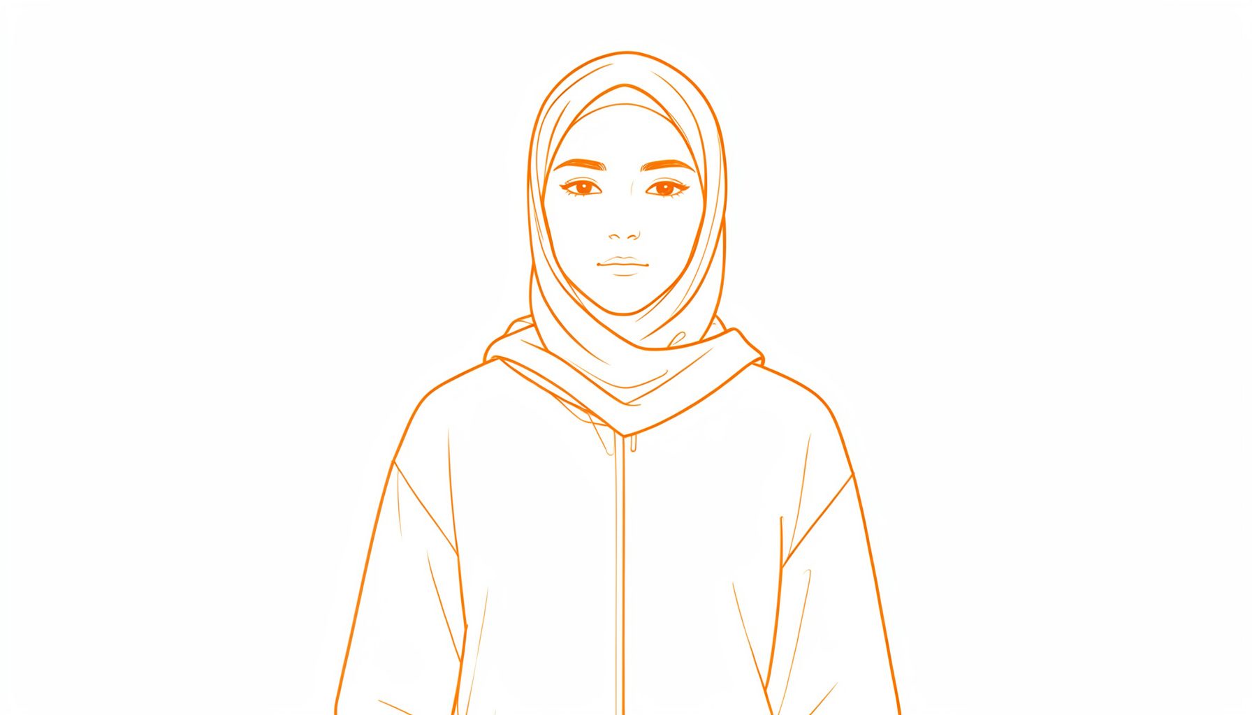 Ilustrasi sketsa minimalis seorang wanita berhijab segi empat dengan ekspresi tenang, mengenakan busana kasual modern, dikelilingi garis-garis lembut bernuansa krem dan putih gading