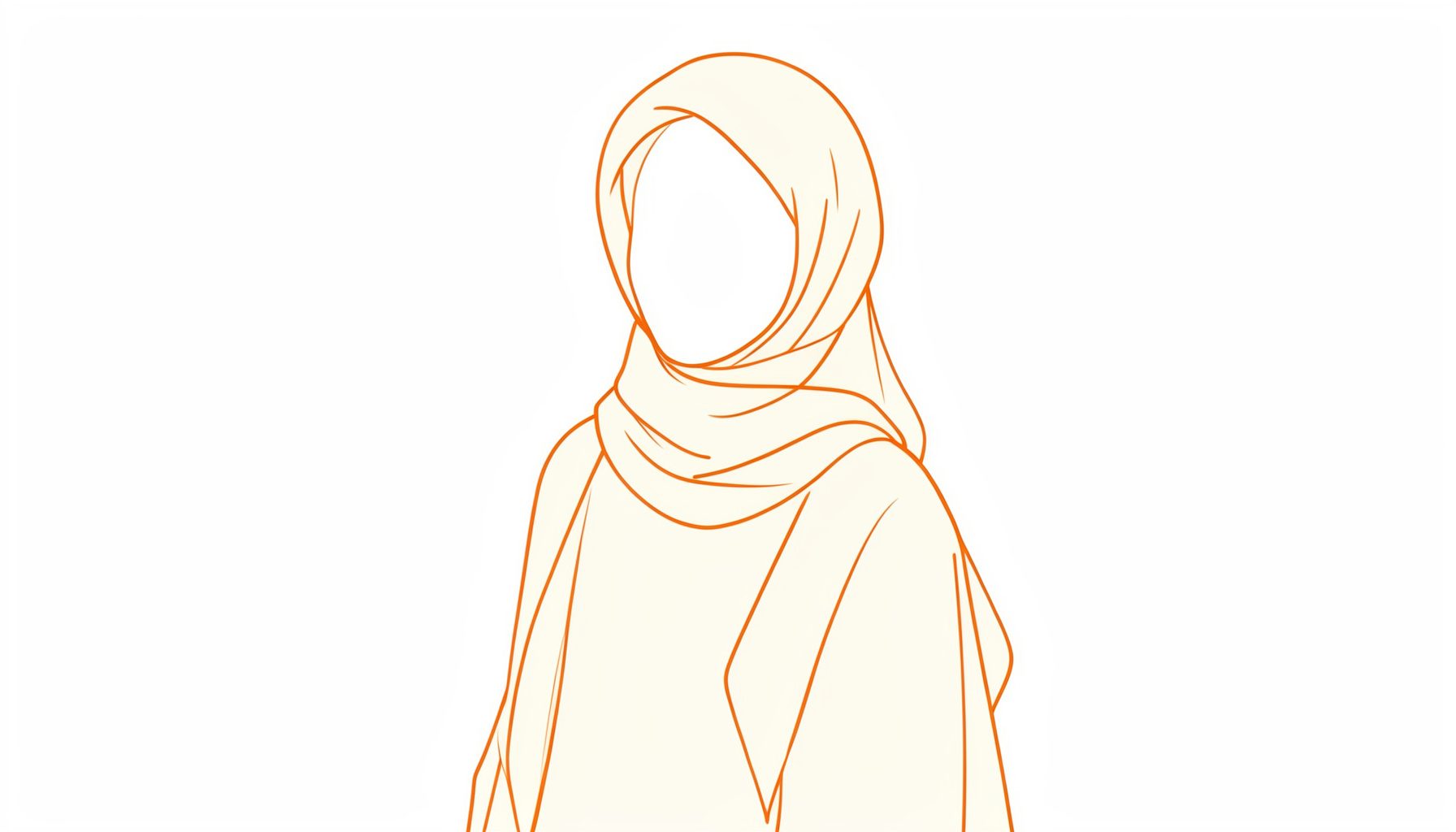 Ilustrasi garis minimalis seorang muslimah mengenakan hijab syar'i modern dengan siluet anggun, dominasi warna krem lembut dan cokelat muda, suasana tenang dan elegan.