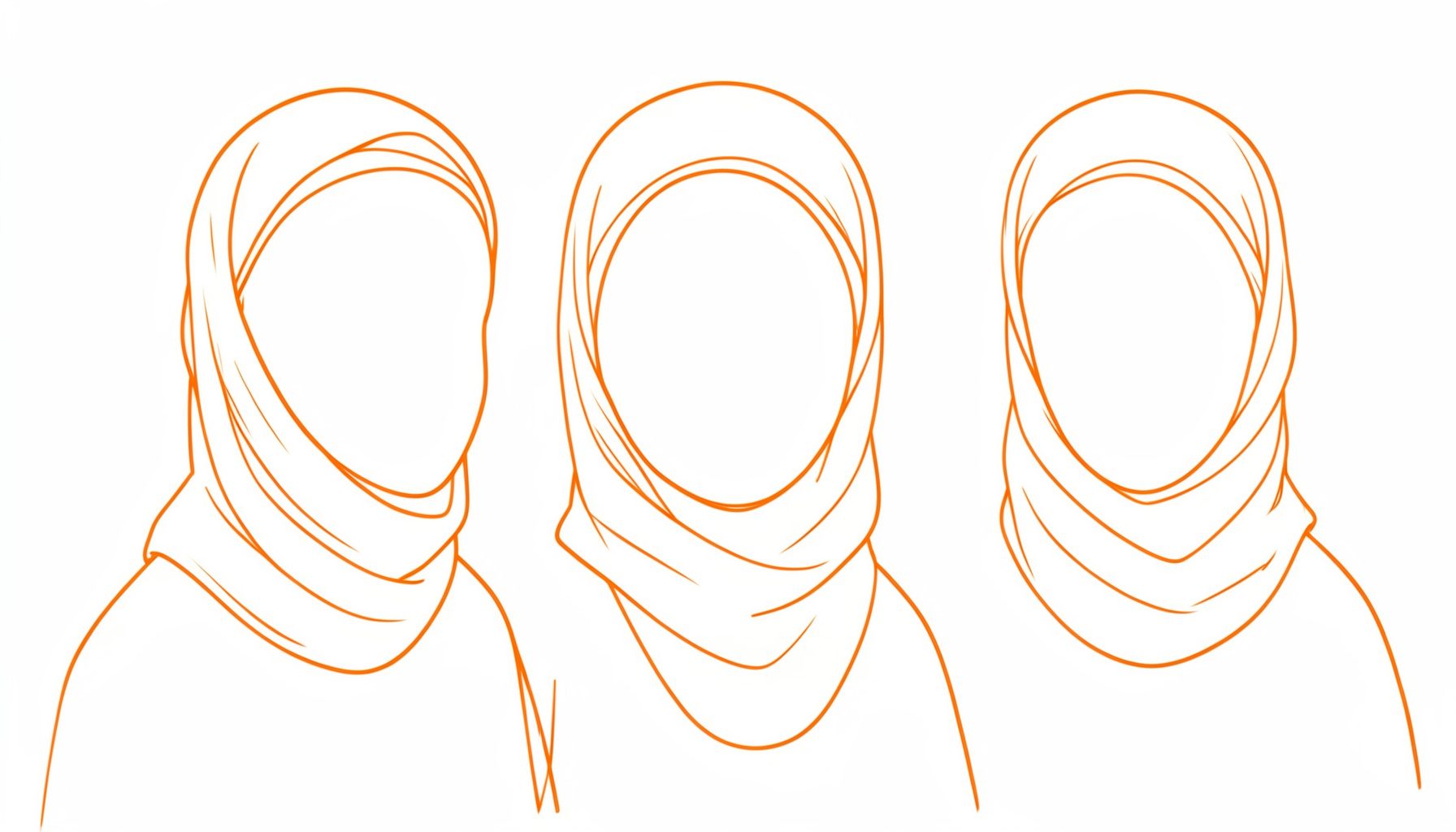 Ilustrasi garis minimal tutorial langkah demi langkah memakai hijab dengan headband, warna-warna netral krem dan putih, gaya sederhana dan informatif