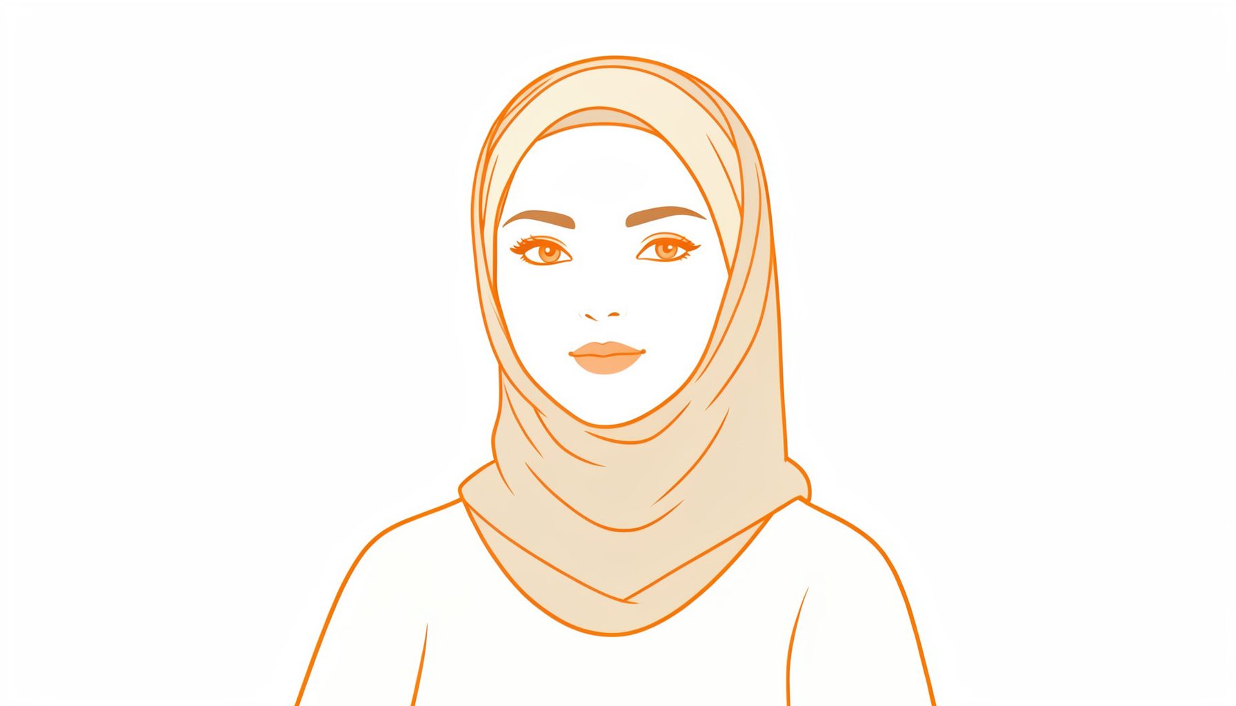 Ilustrasi garis minimal seorang wanita berhijab dengan aksen headband elegan, warna-warna lembut krem dan cokelat muda, suasana hangat dan modern