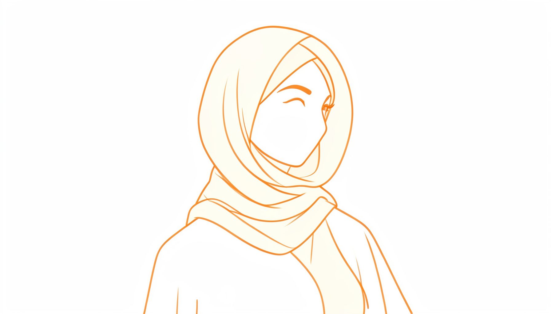 Ilustrasi minimalis seorang wanita berhijab dengan gaya modern, siluet lembut dalam nuansa krem hangat dan oranye lembut, suasana editorial yang intim dan bersih.