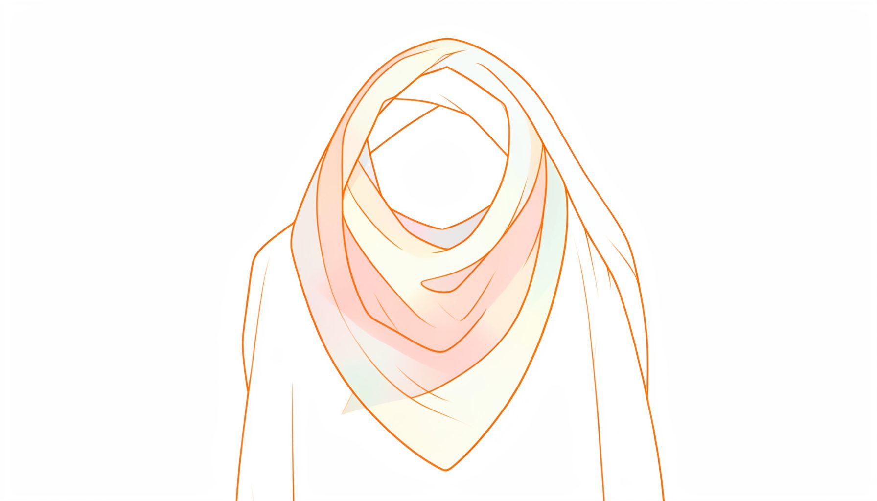 Ilustrasi pashmina berwarna pastel lembut yang dililitkan longgar di sekitar bahu, dengan latar belakang krem hangat dan pencahayaan alami yang lembut.